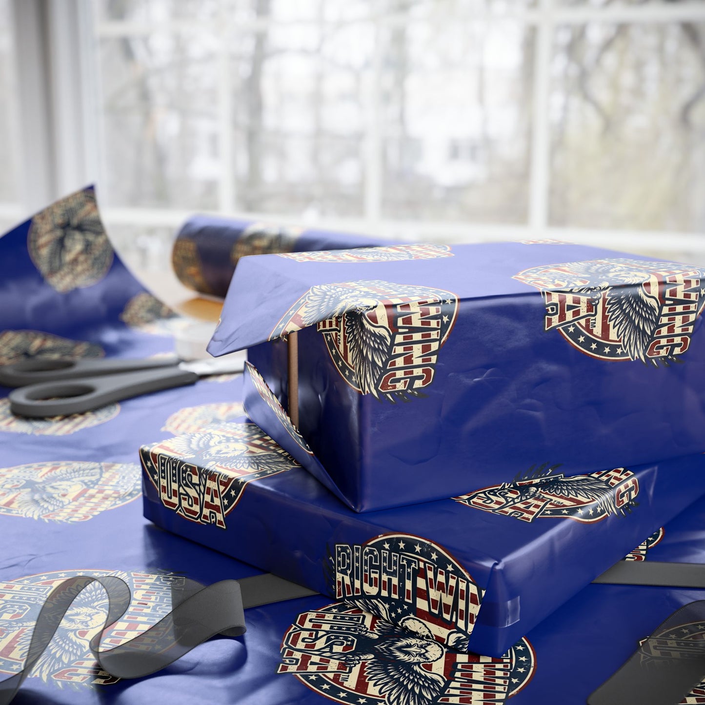 Wrapping Paper Roll — Patriotic Eagle & Flag Design on Deep Blue (Gift Wrap)