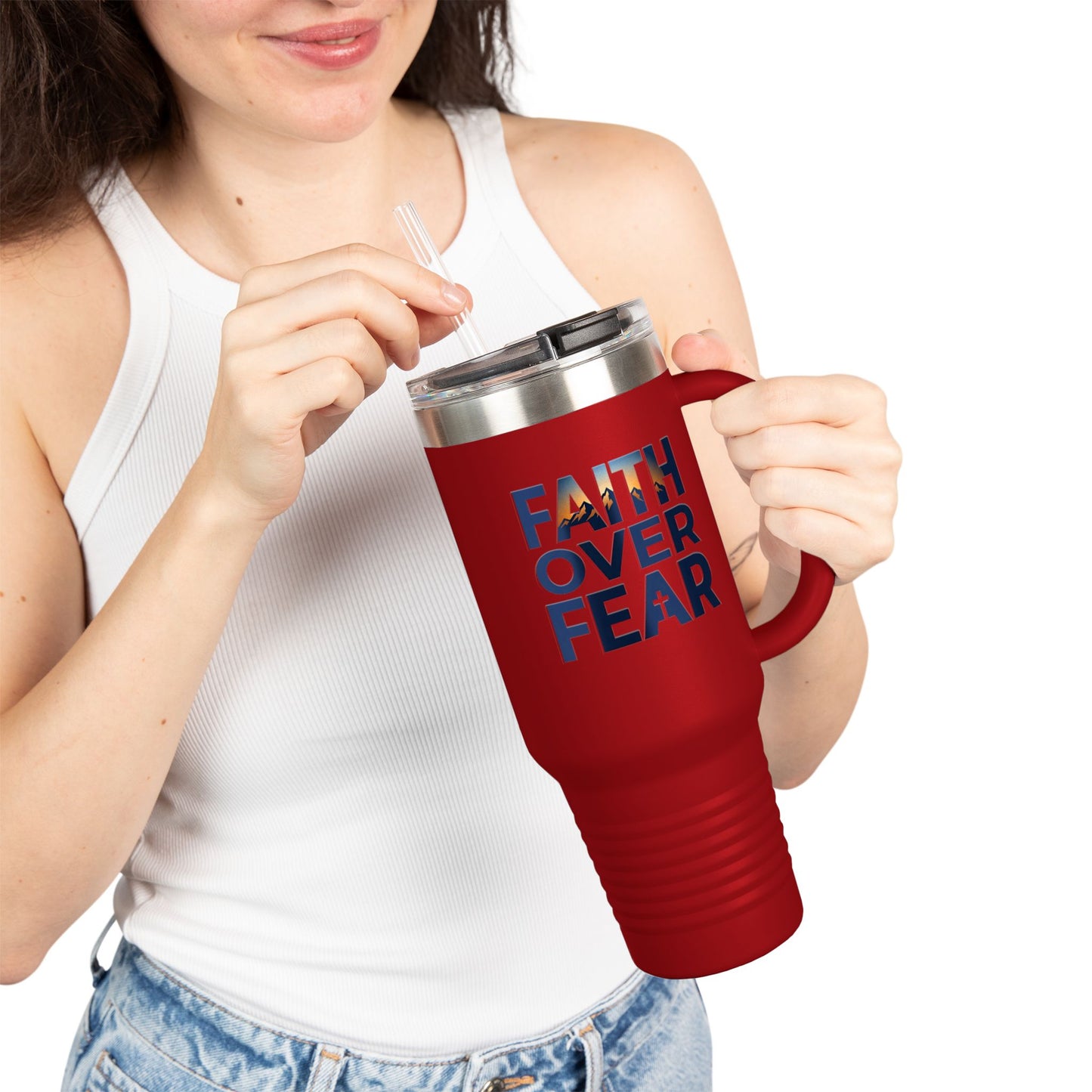 40oz Insulated Travel Mug — "Faith Over Fear" Inspirational Tumbler